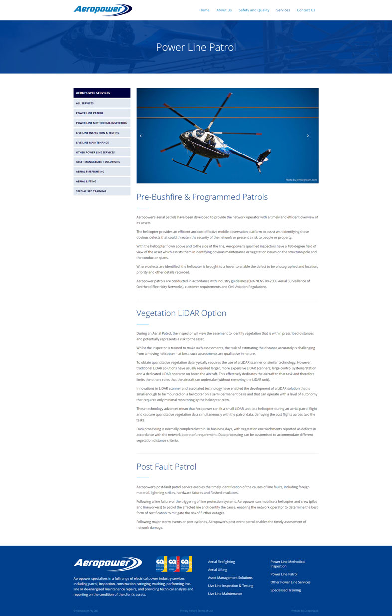 Aeropower's website design of a service page